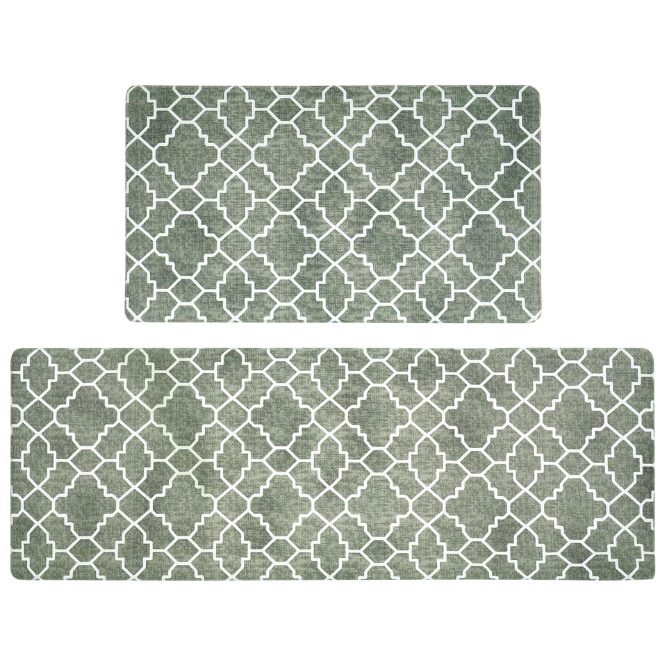 Freshmint kitchen mat with trellis pattern adds stylish anti-fatigue support in a busy kitchen