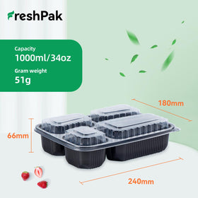 Freshpak 34oz takeout container with leakproof lid for secure transport.