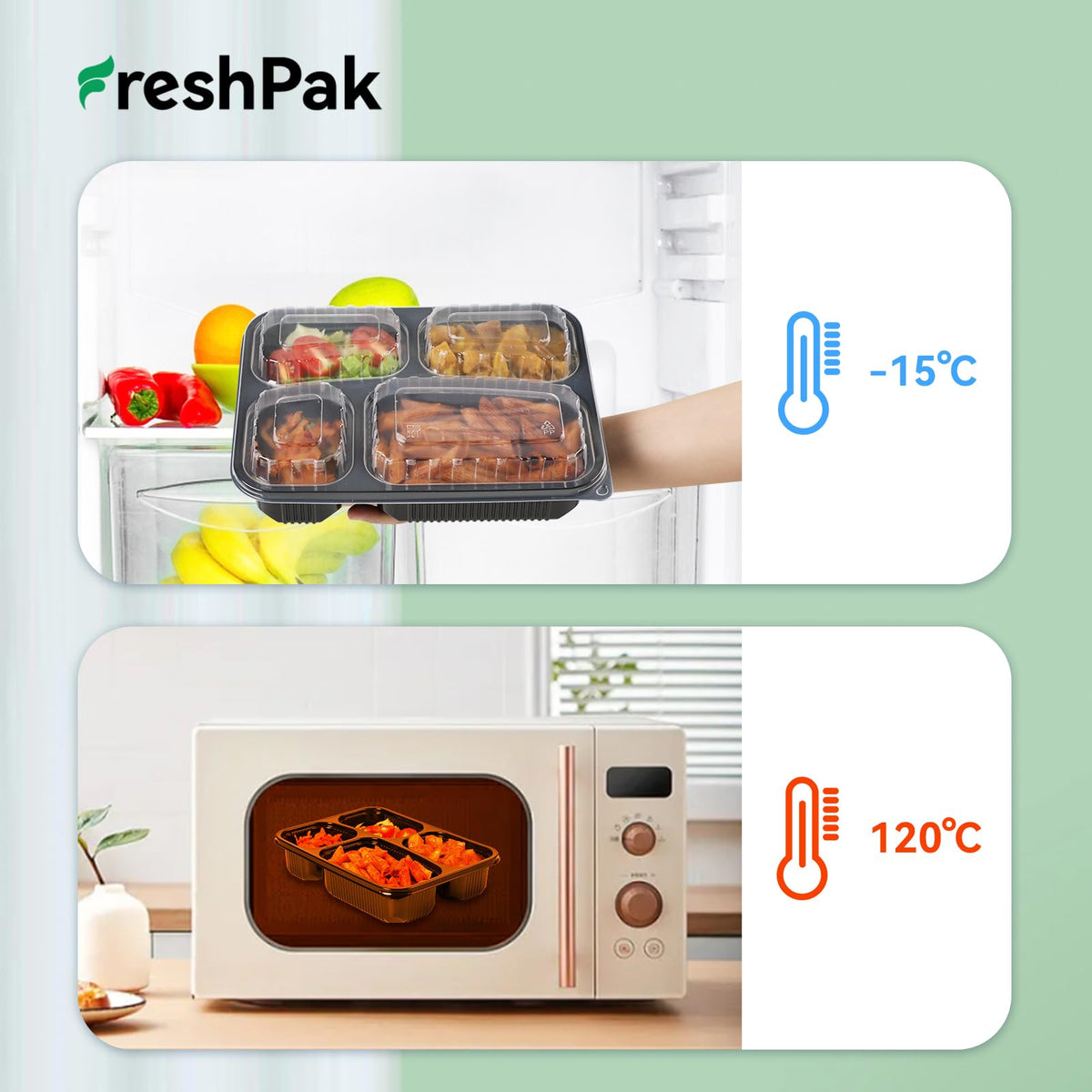 Freshpak stackable design reduces clutter and packaging waste.