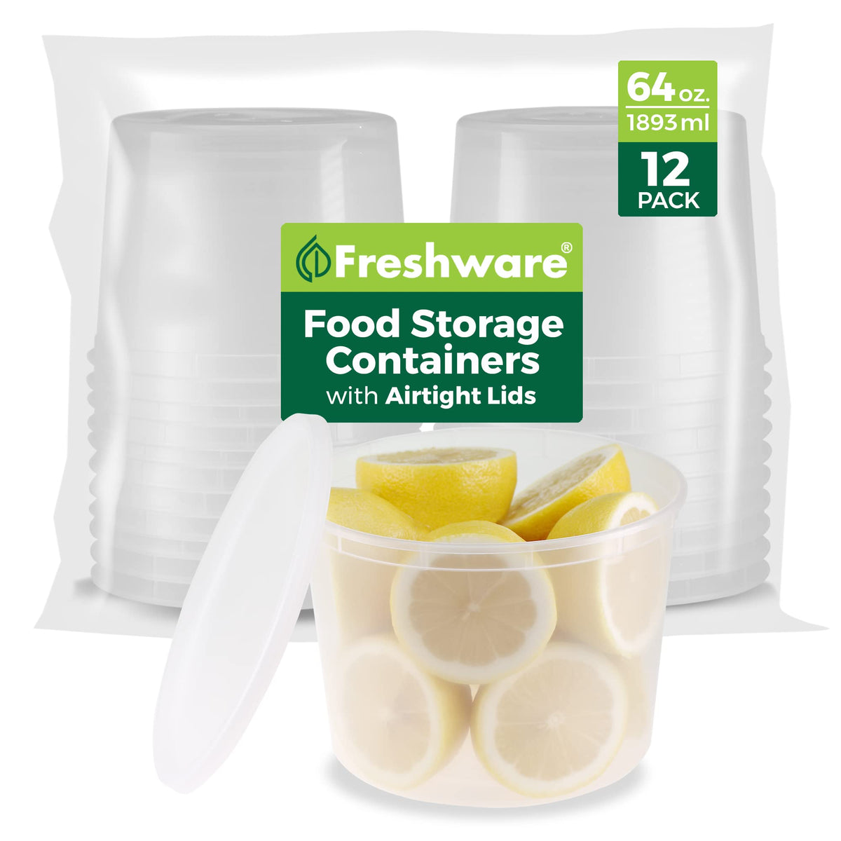 Freshware 64 oz deli container with airtight lid keeps soups fresh.