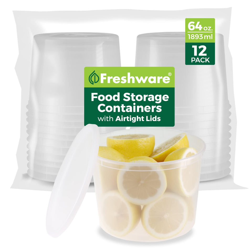 Freshware 64 oz deli container with airtight lid keeps soups fresh.