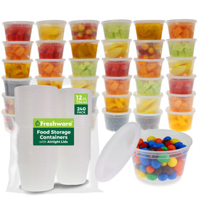 Freshware 12 oz deli container with lid offers airtight freshness for soups and salads.