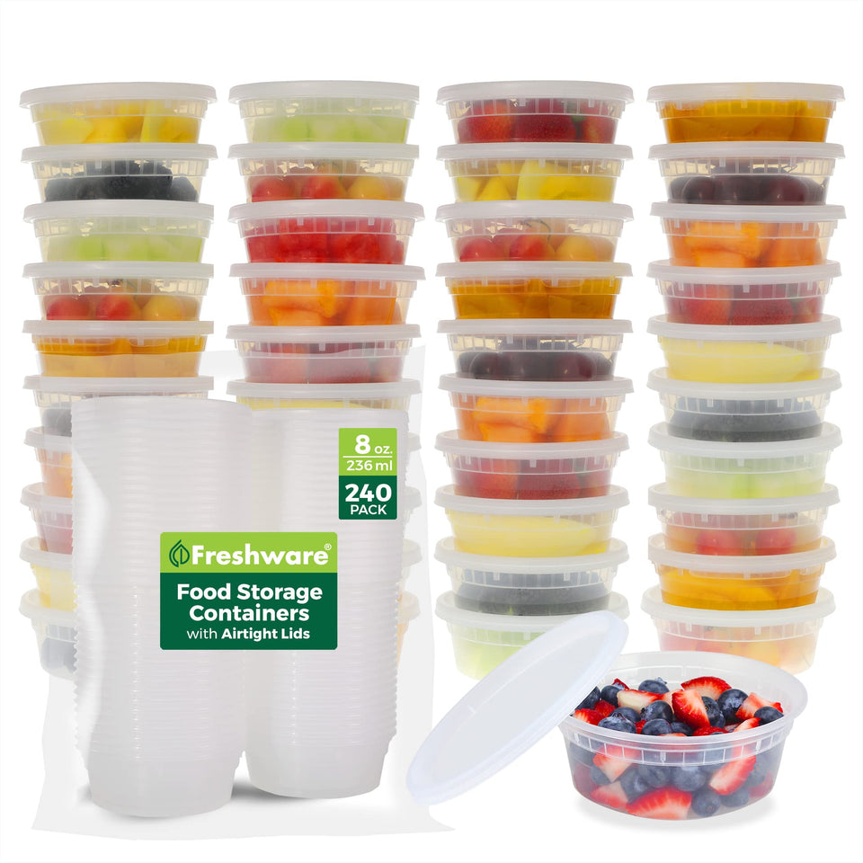 Freshware 240-set 8oz deli container with lid open for quick fridge access