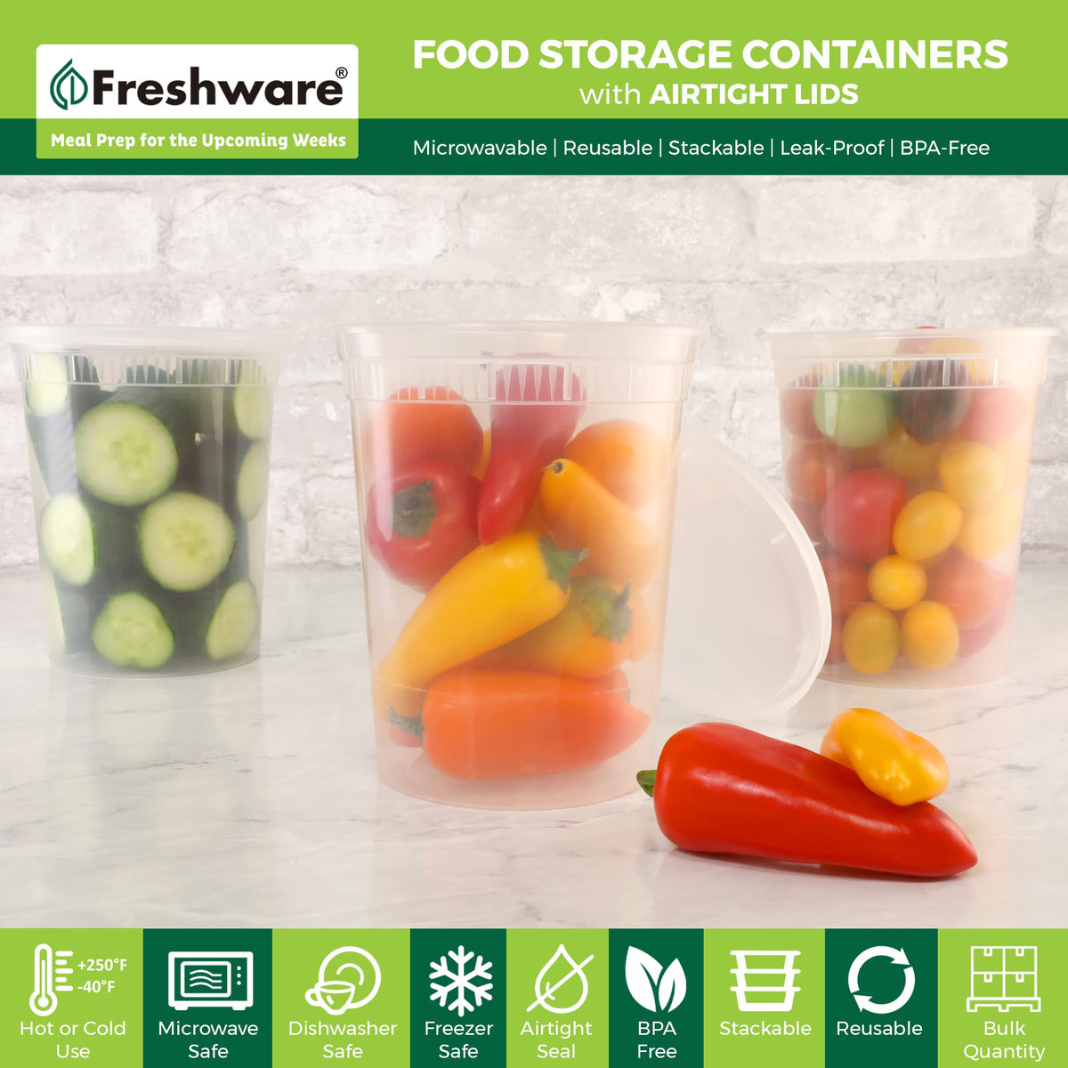 Freshware 32 oz deli container stacked for organized storage