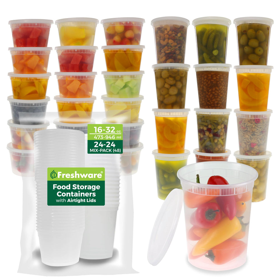Freshware deli containers in 16 oz and 32 oz for versatile meal prep.