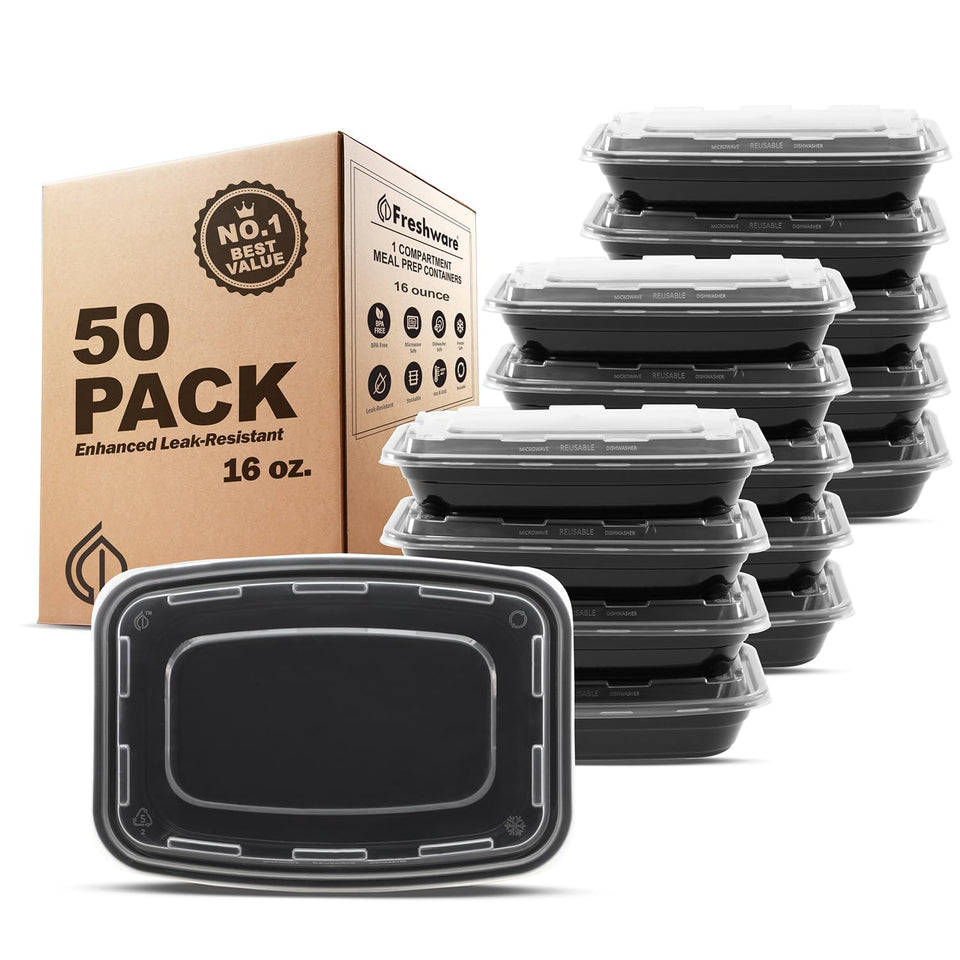Freshware 50-pack meal prep containers with 16 oz capacity for balanced lunches.