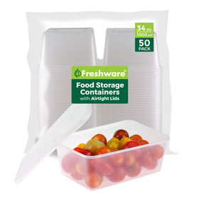 Freshware 50-set 34 oz deli containers with lids for organized fridge storage.