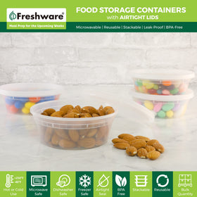 Freshware 8oz deli containers microwave-safe for reheating.