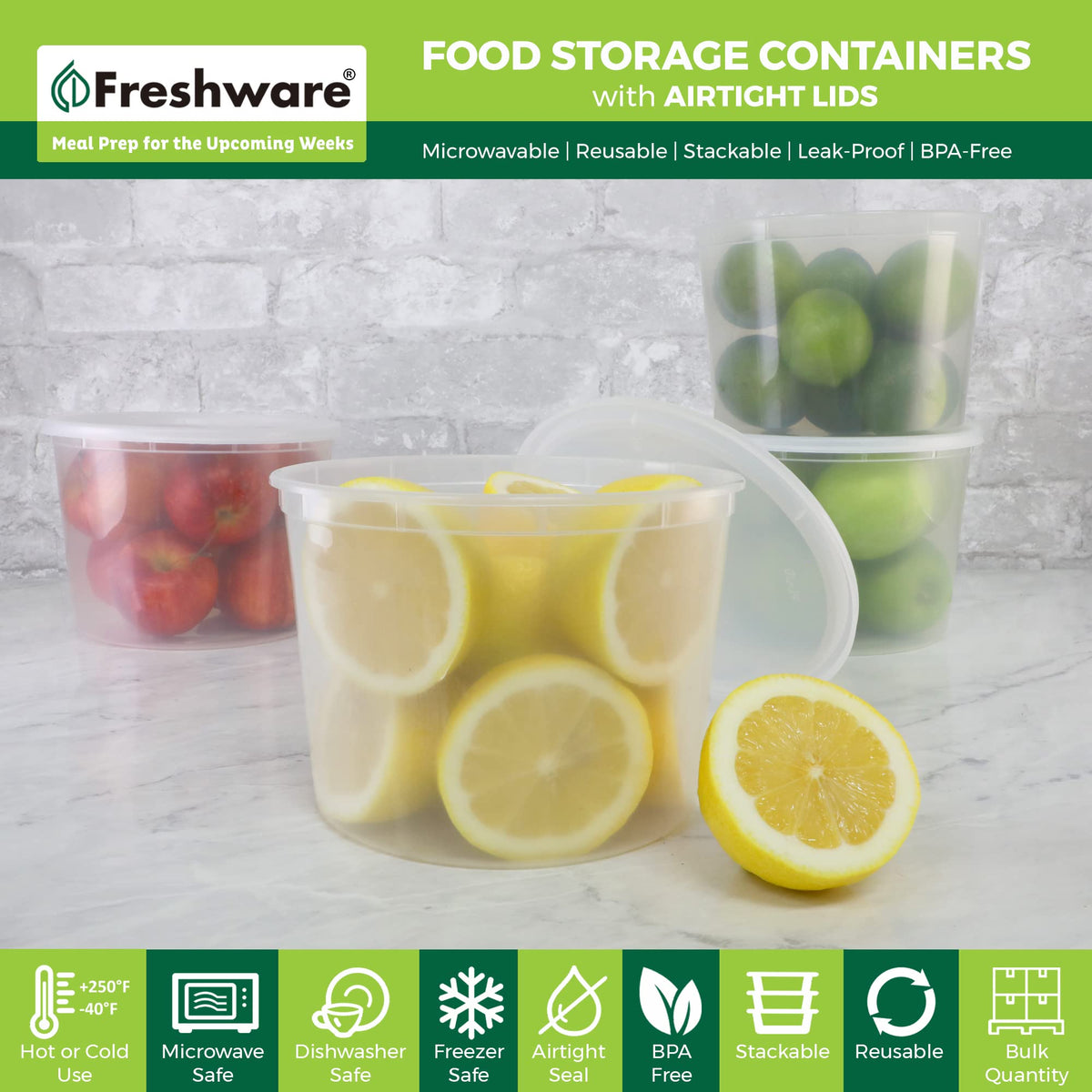 Freshware 12-pack deli containers with leak-proof lids for freshness.