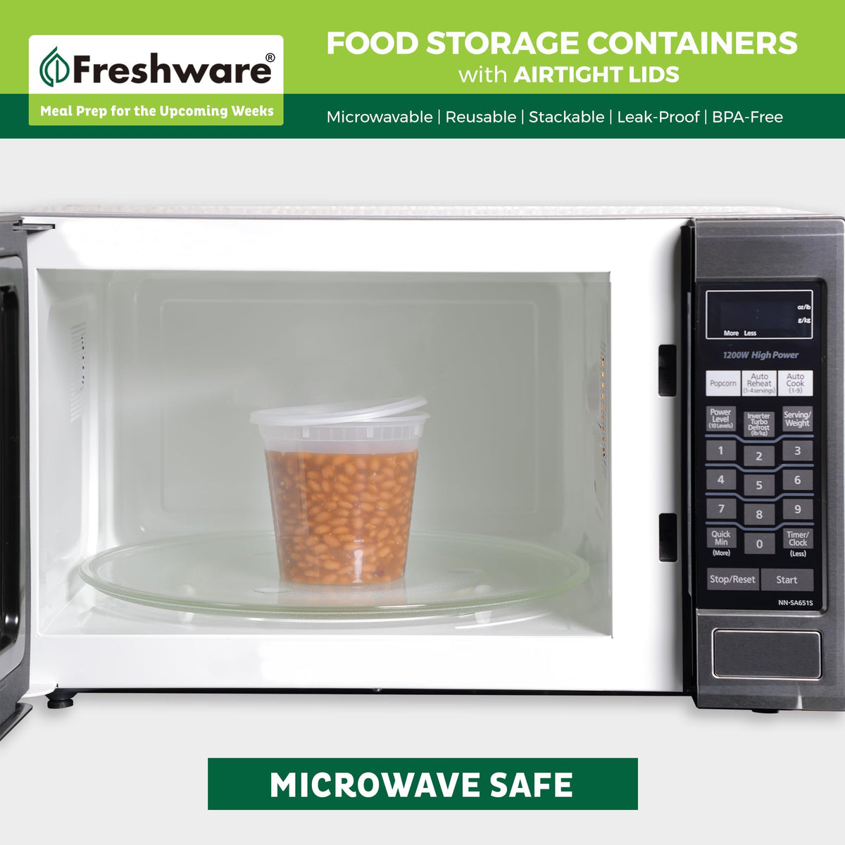 Freshware stackable 24 oz deli containers with lids offer space-saving fridge storage.