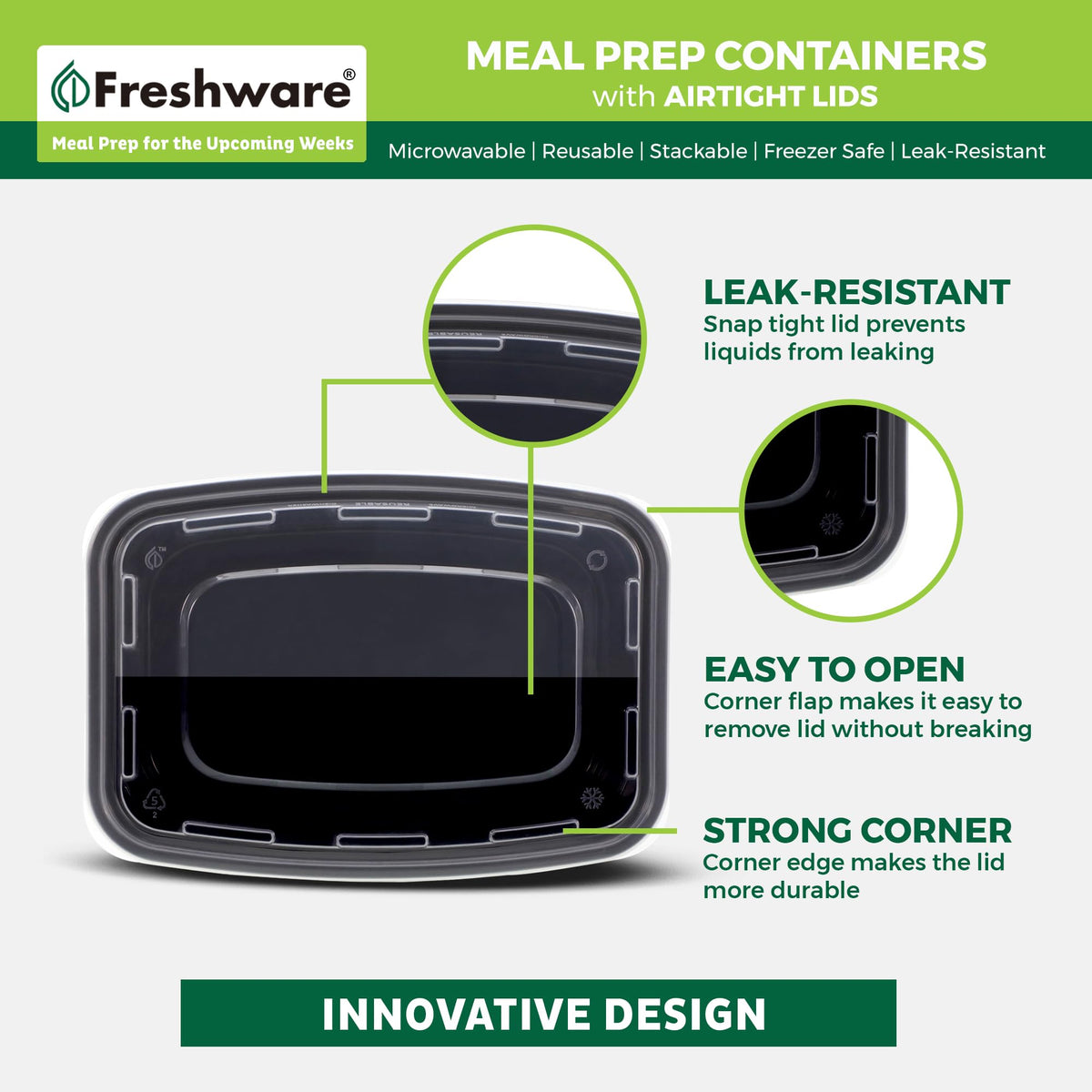 Freshware 50-pack bento boxes stacked, showing a compact, stackable design for transport.