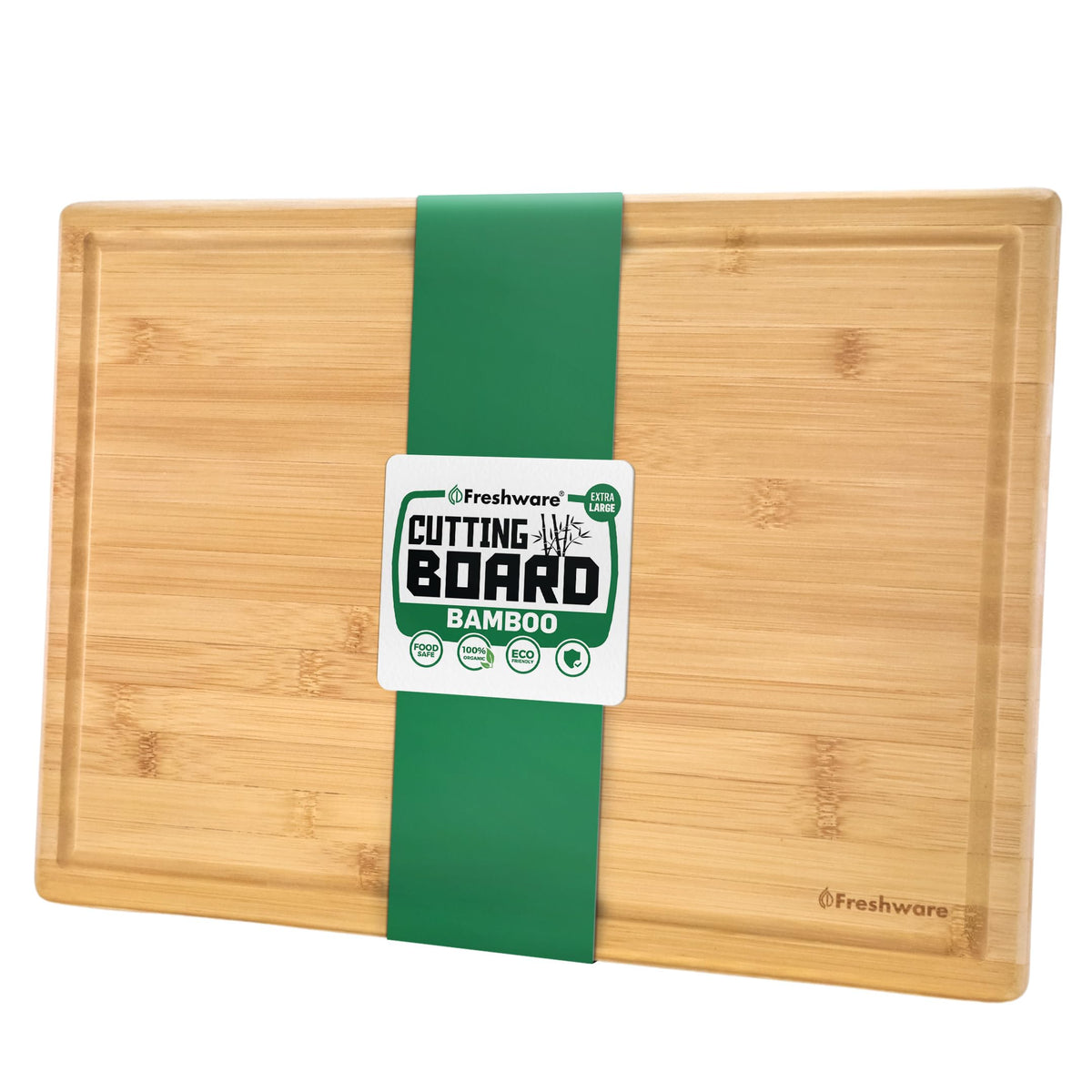 Freshware bamboo cutting board with juice groove catching juices during prep