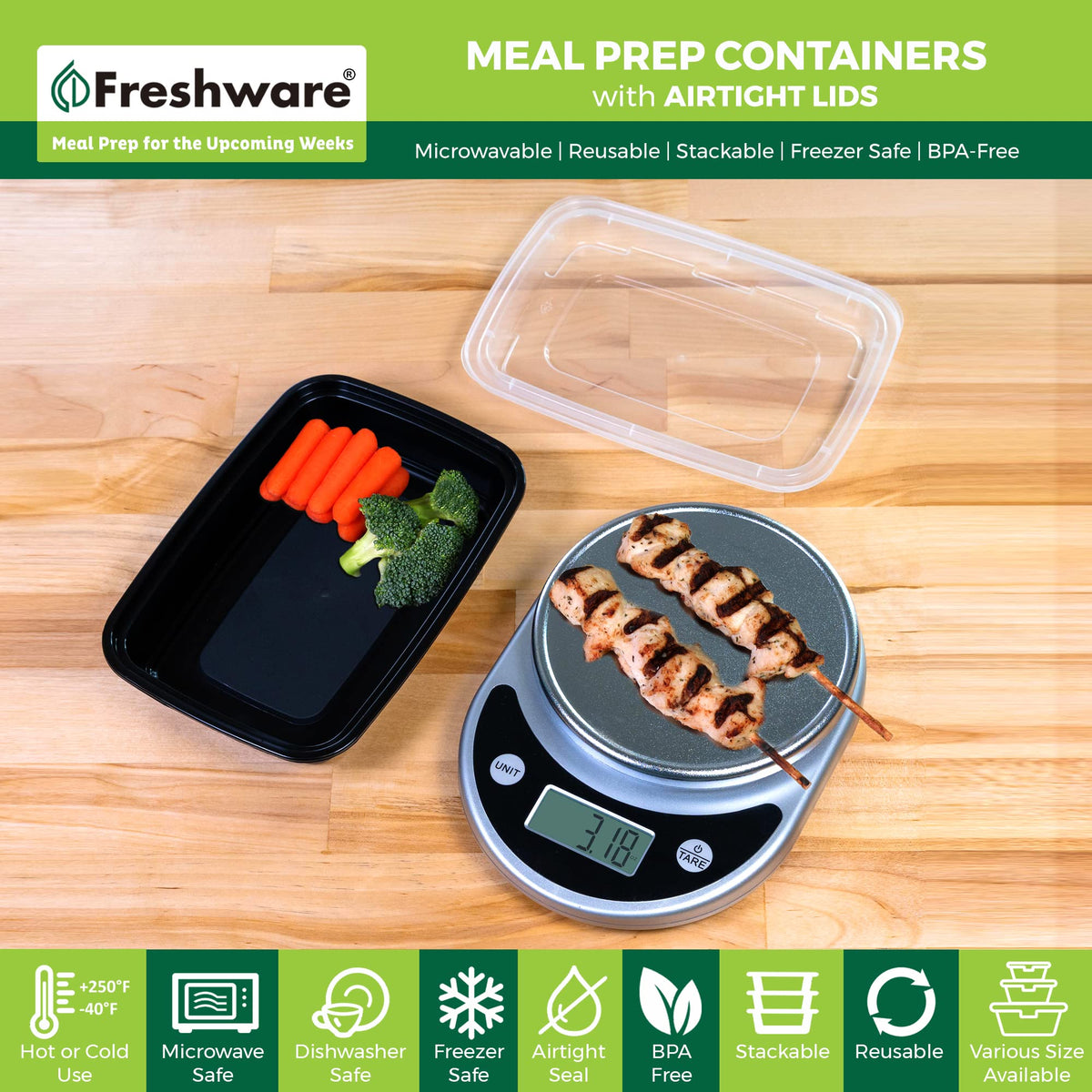 Freshware 28oz one-compartment container for portion control and reheating.