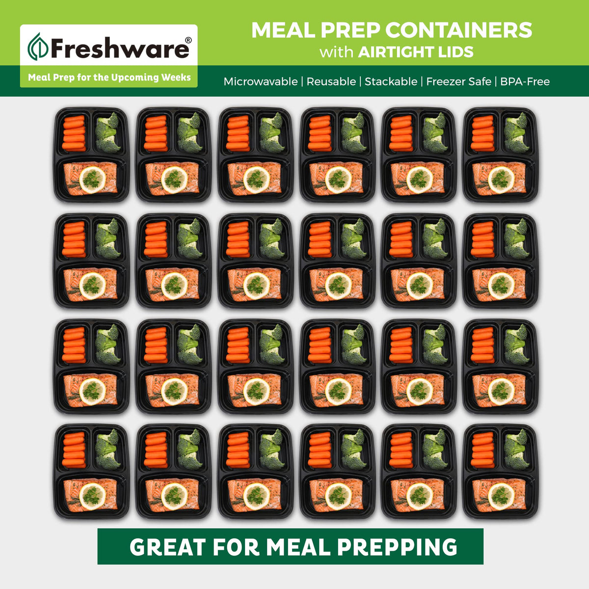 Freshware bento box stackable design showing compact storage and convenient carry.
