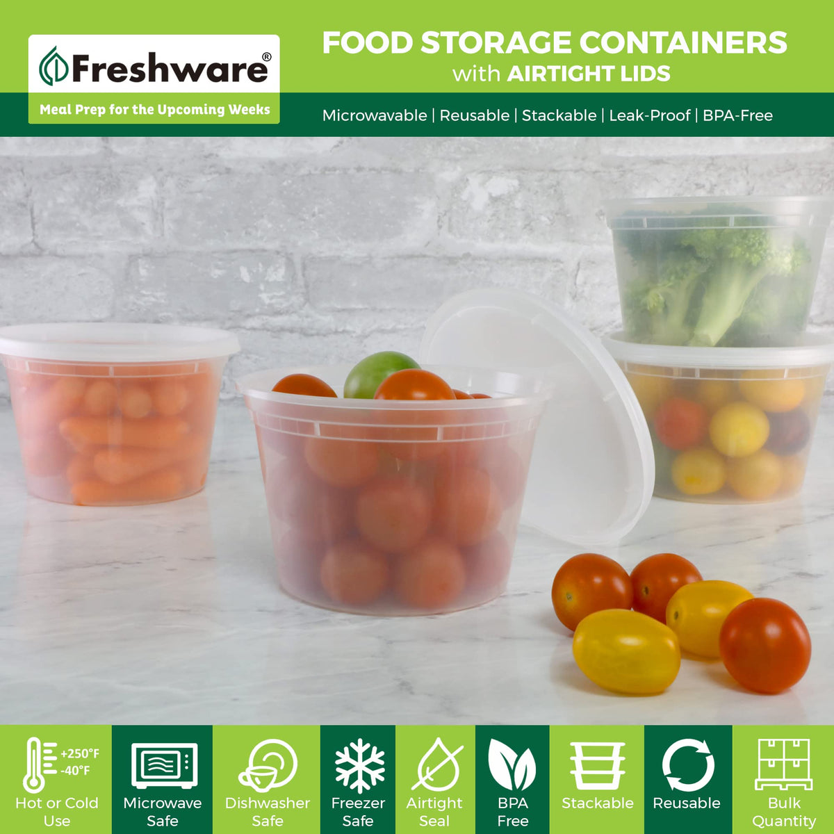 Freshware clear 16oz containers for quick content identification.