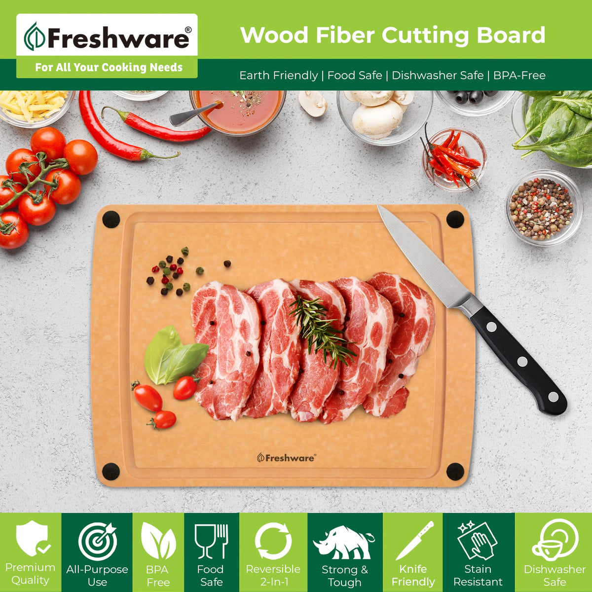 Freshware dual-sided wood-fiber cutting board for versatile chopping.