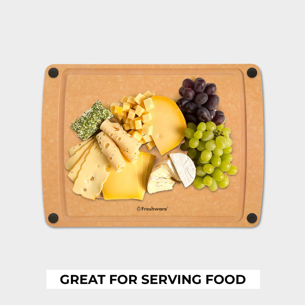 Freshware cutting board resists heat up to 350°F for hot food prep.