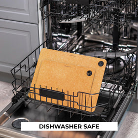 Freshware natural color cutting board is dishwasher safe for quick cleanup.