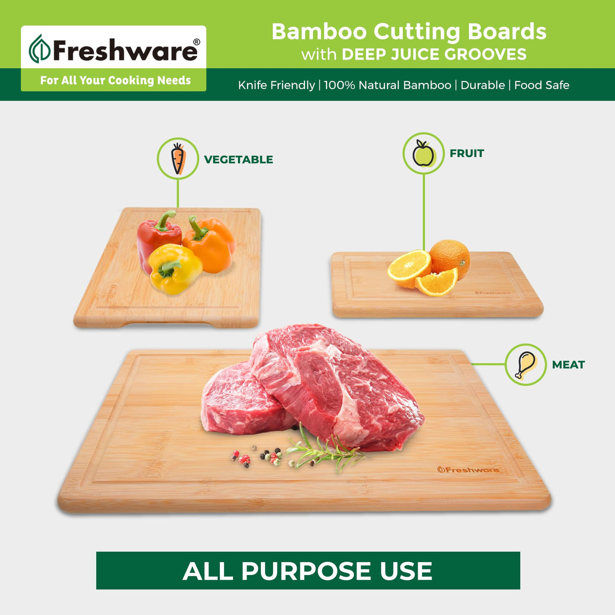Freshware bamboo cutting board large 15x10 with built-in handles for serving.