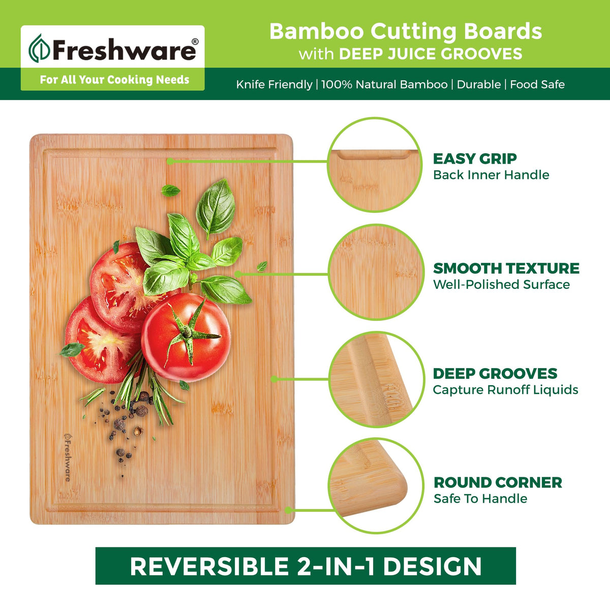 Freshware bamboo cutting board medium 12x8 ideal for vegetables and meats.
