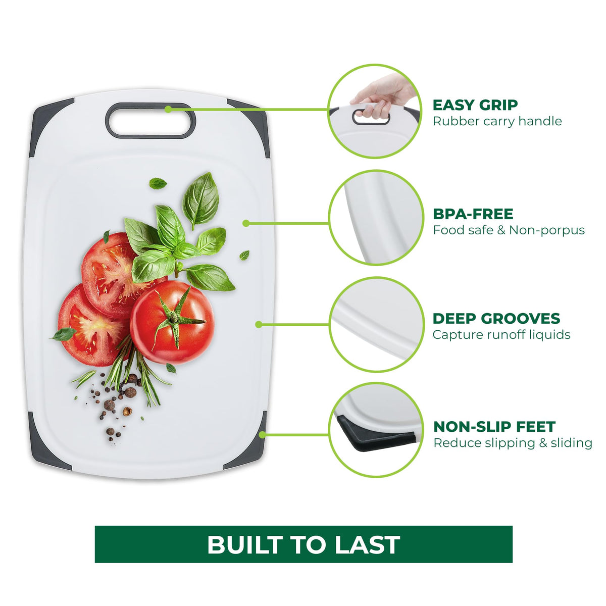 Freshware medium board with easy-grip handle for safer slicing.