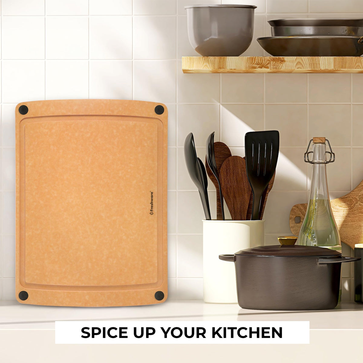 Freshware board with non-slip feet stays steady during prep.