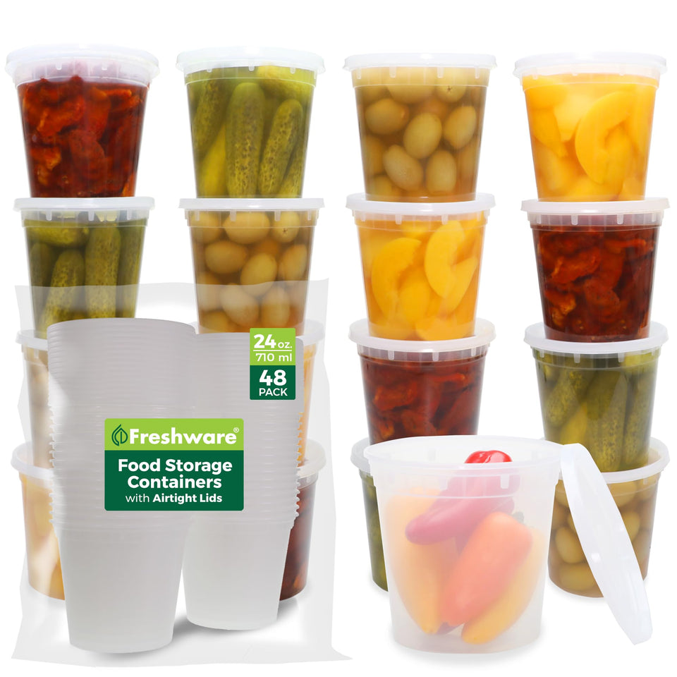 Freshware 24 oz deli container with lid, airtight seal for long-lasting freshness.