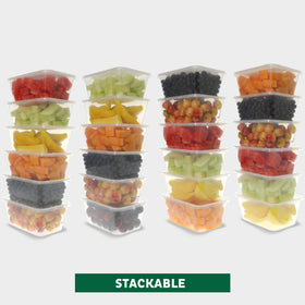 Freshware 34 oz deli container stacked for space-saving storage.