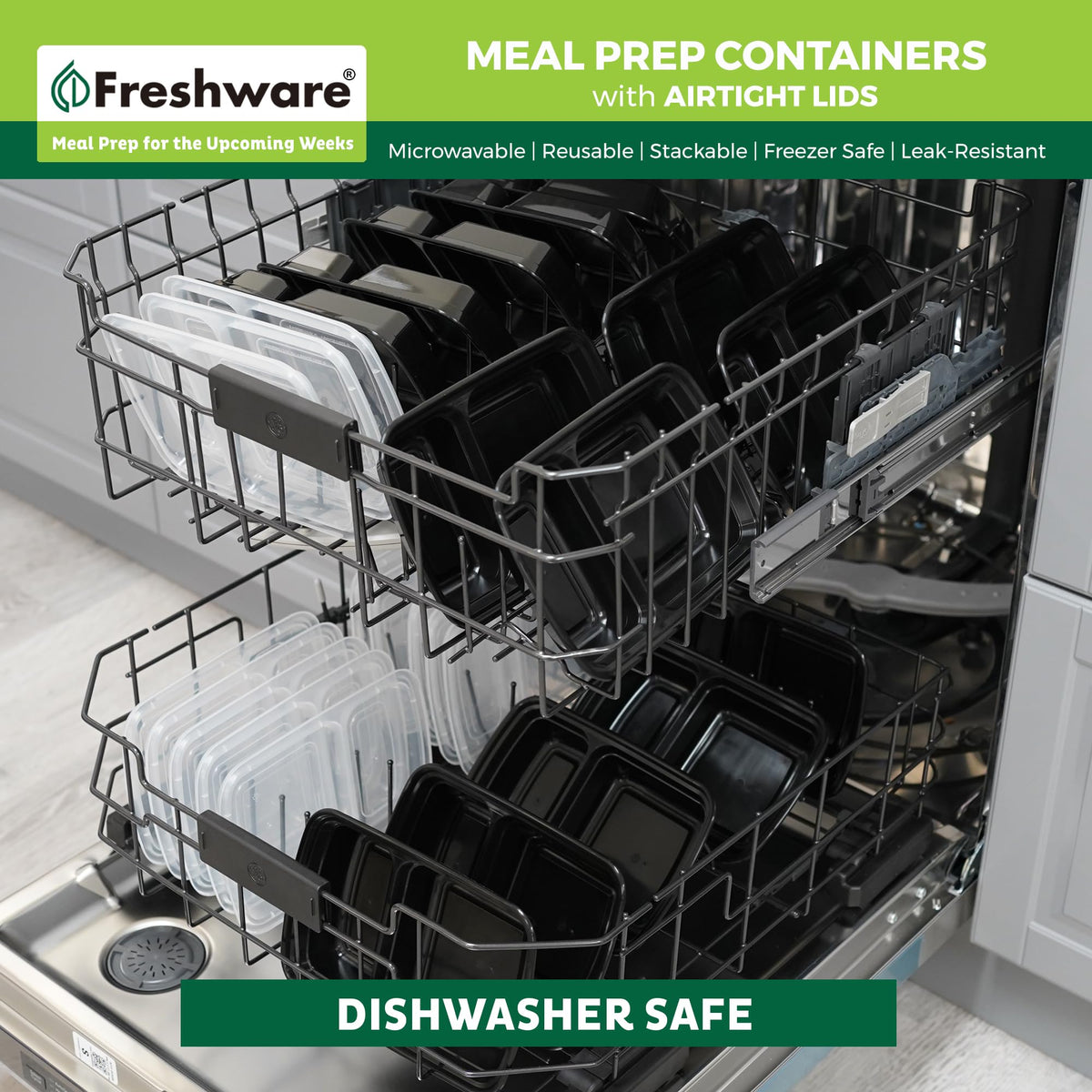 Freshware freezer and dishwasher-safe meal prep container for batch cooking and cleanup.