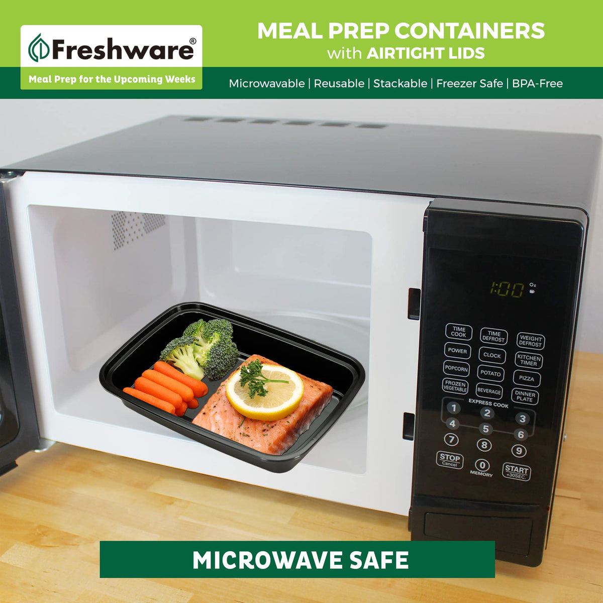 Freshware freezer-safe meal prep boxes protect meals during freezing.