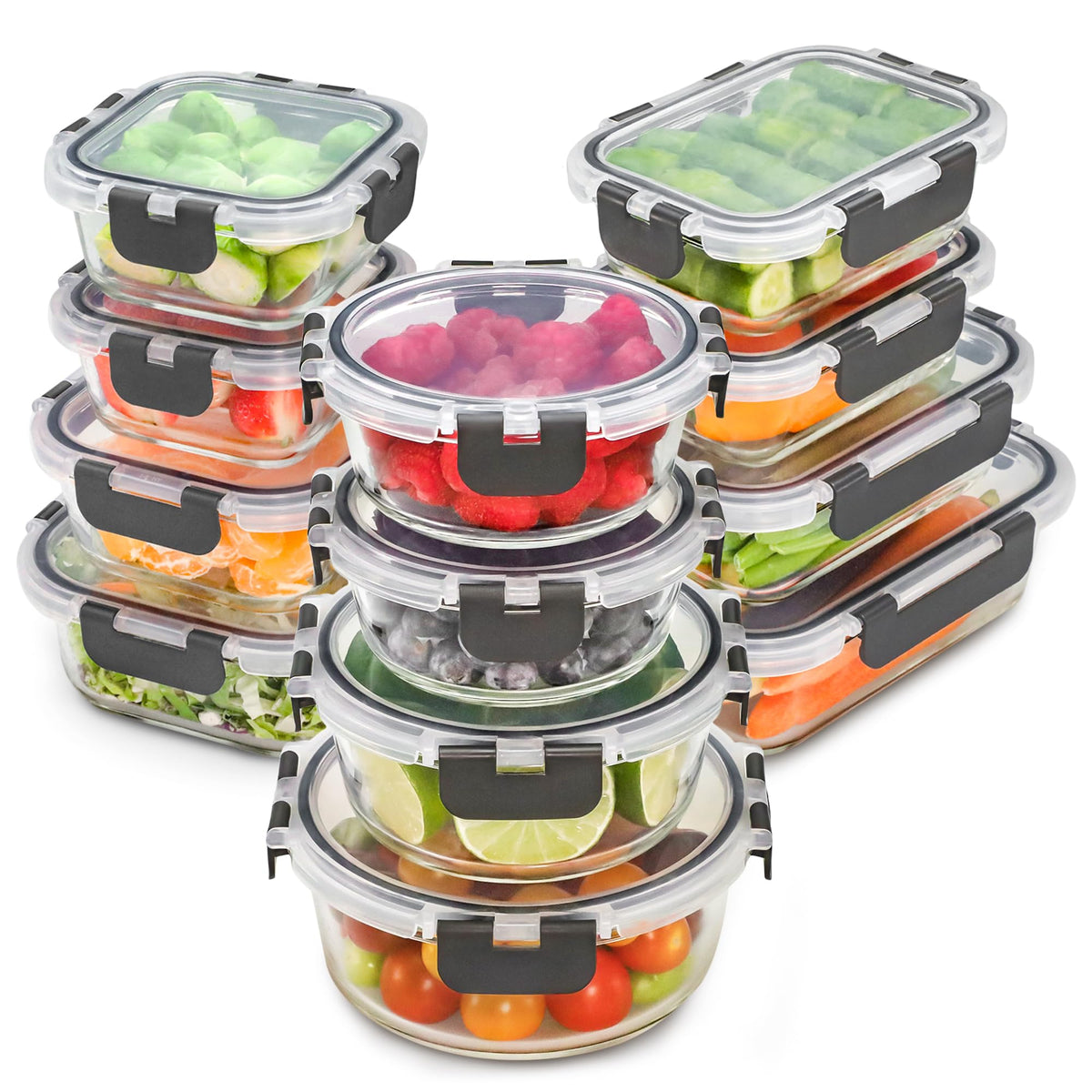 Freshware glass storage containers with lids show clear visibility for easy meal planning.