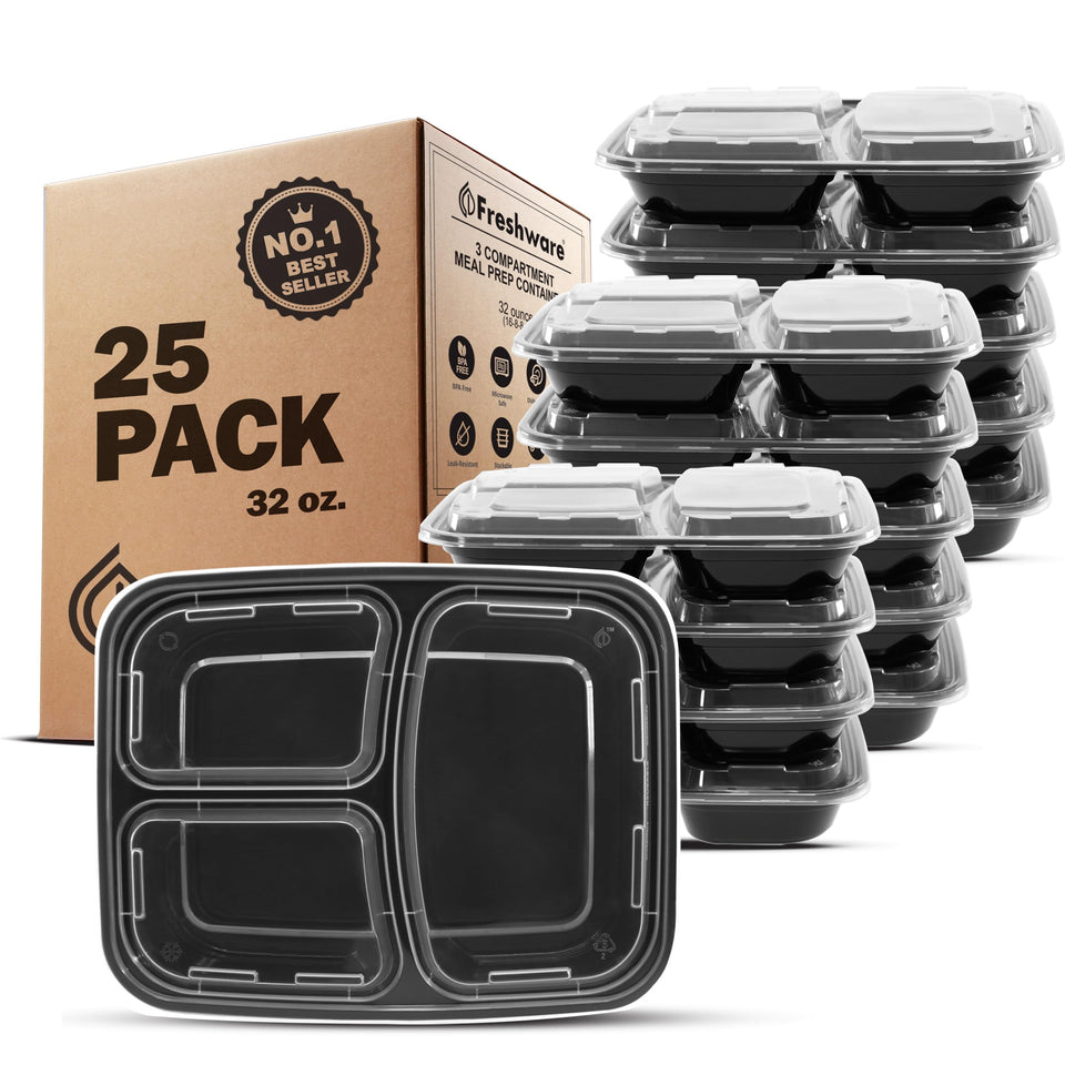 Freshware meal prep containers, 3-compartment bento box with lids for portion control.