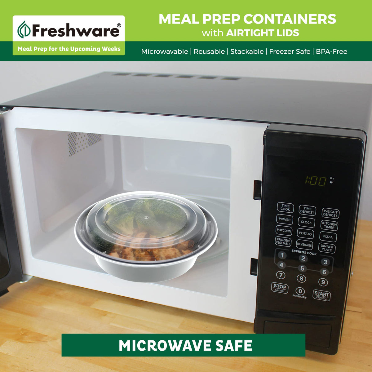 Freshware meal prep bowl stackable design saves cabinet space and simplifies storage