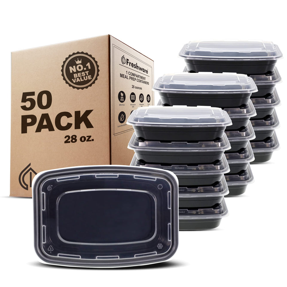 Freshware meal prep container 50-pack showing organized portions for weekly meal plans.