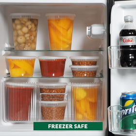 Freshware stackable deli containers shown in a refrigerator to save space