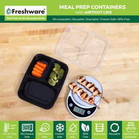 Freshware stackable meal prep containers save space in fridge and cabinet.