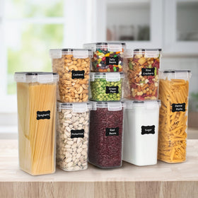 Freshware stackable transparent pantry containers maximize space and visibility.