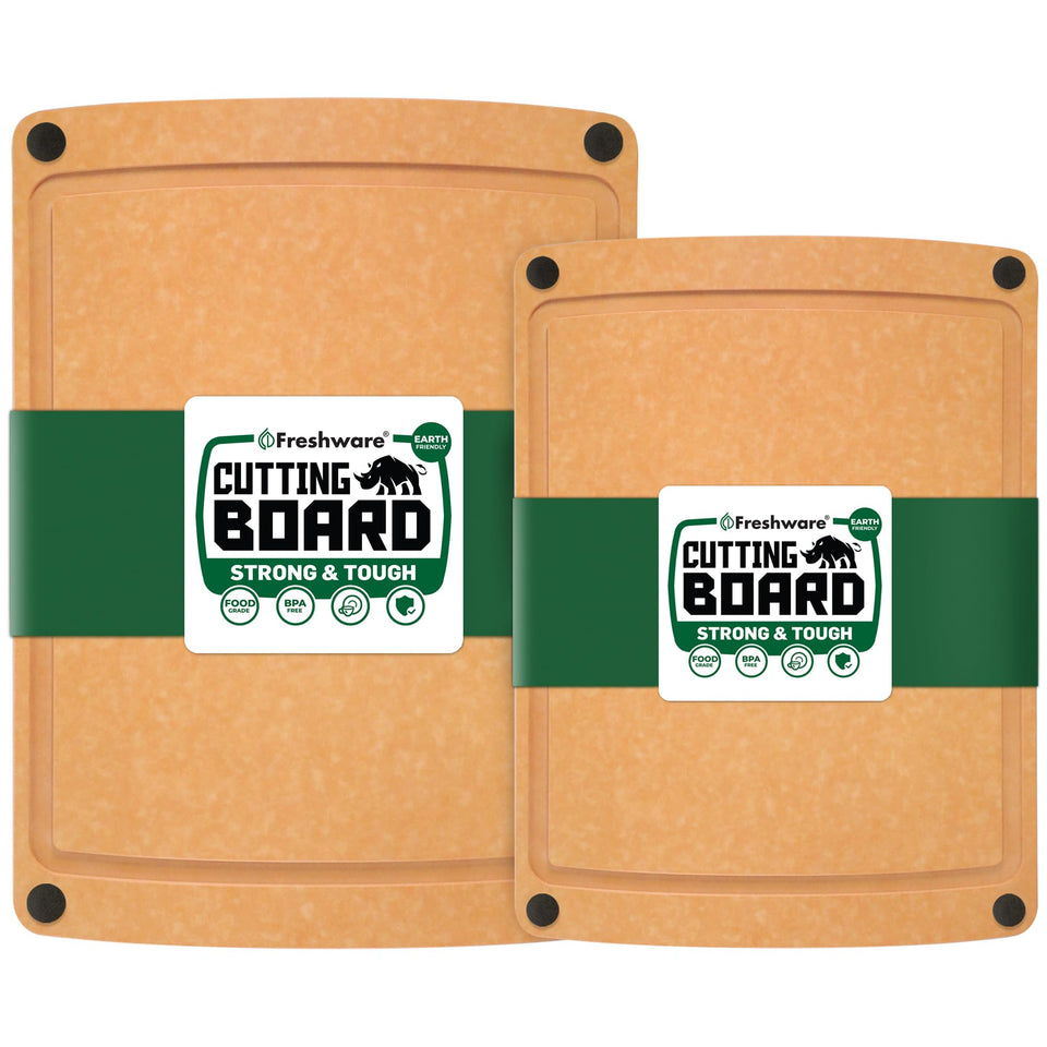 Freshware wood cutting board with juice groove and non-slip feet keeps counters clean