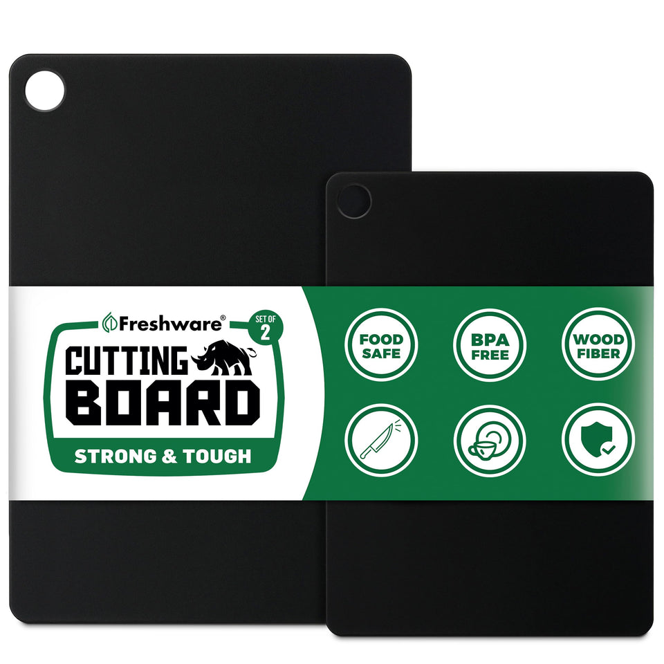 Freshware wood cutting board set of 2 in black with non-slip feet, dishwasher-safe and versatile.