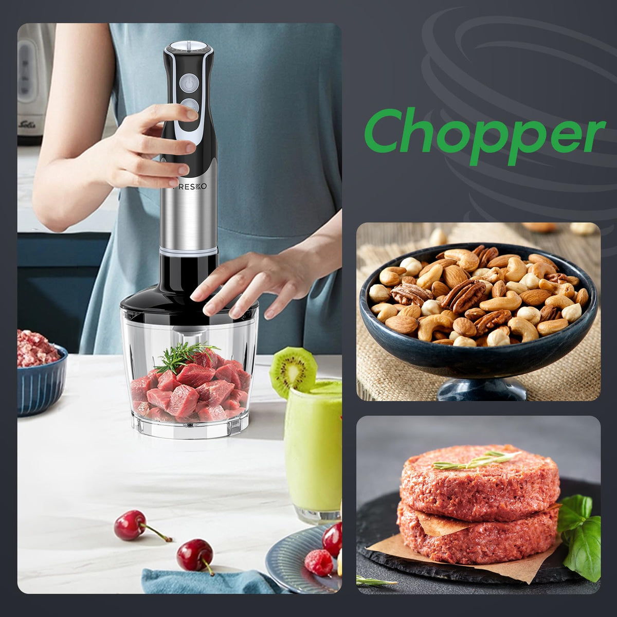 FRESKO 4 in 1 attachments enable blending, whipping, chopping, and puréeing with one device