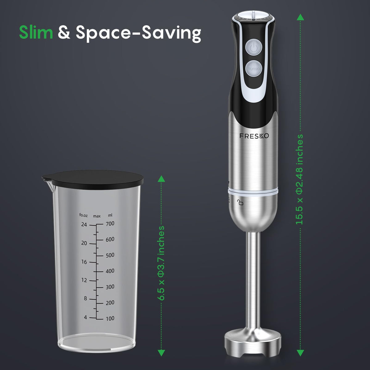FRESKO compact stick blender fits neatly in a kitchen cabinet