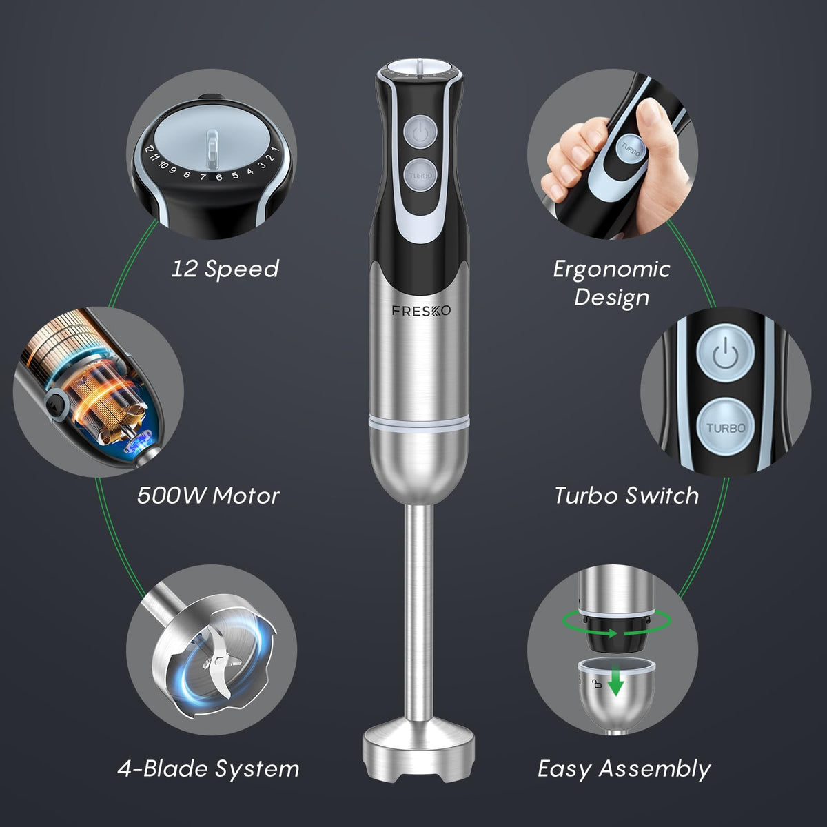 FRESKO immersion blender turbo mode speeds up blending for quick emulsions and batch smoothies