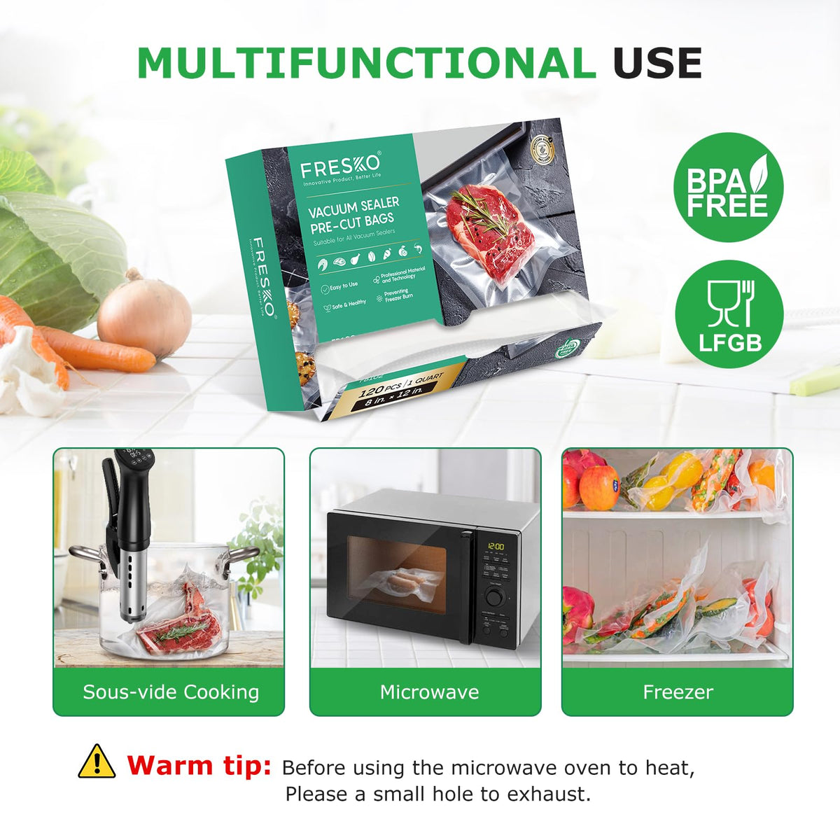 FRESKO microwave and freezer safe bags for reheating and storage.