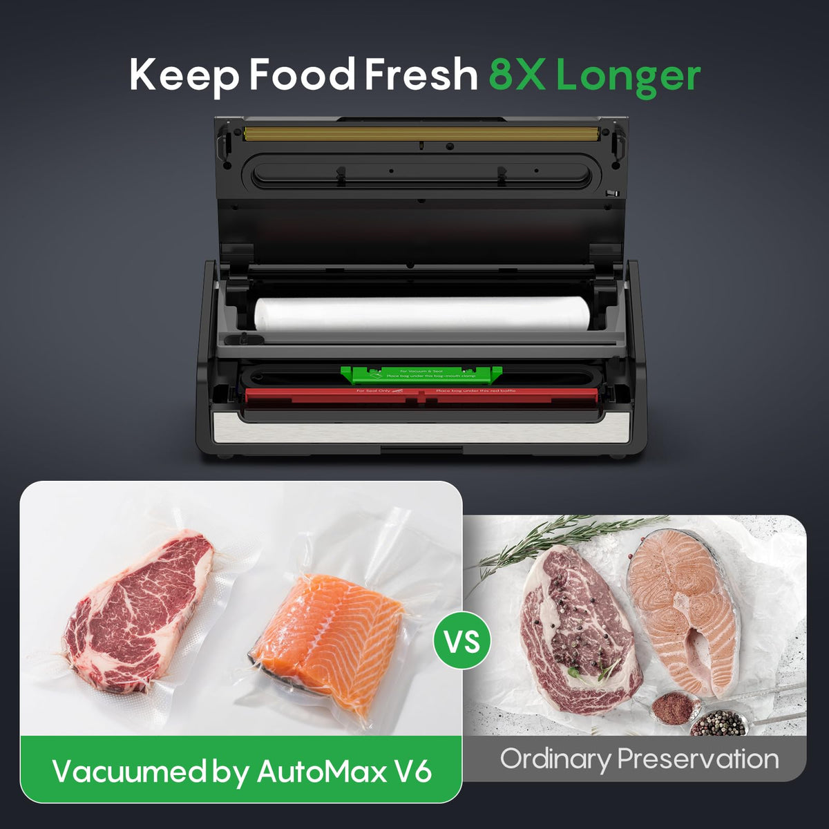 FRESKO sealer with built-in cutter and bag storage for easy prep.