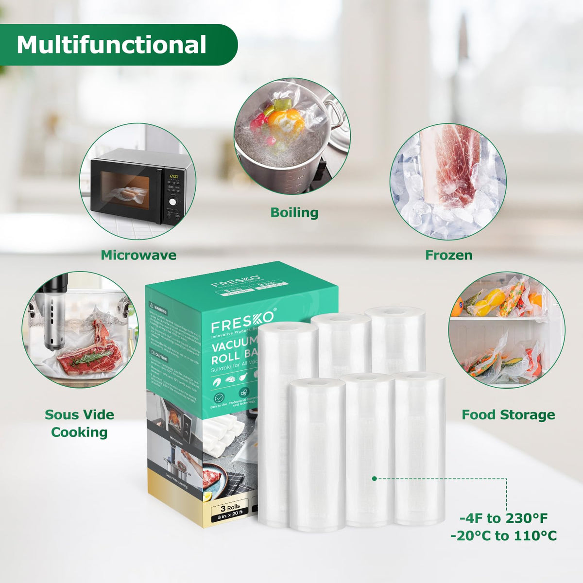 FRESKO vacuum sealer bags 11x20 pack closeup, versatile size for large portions.