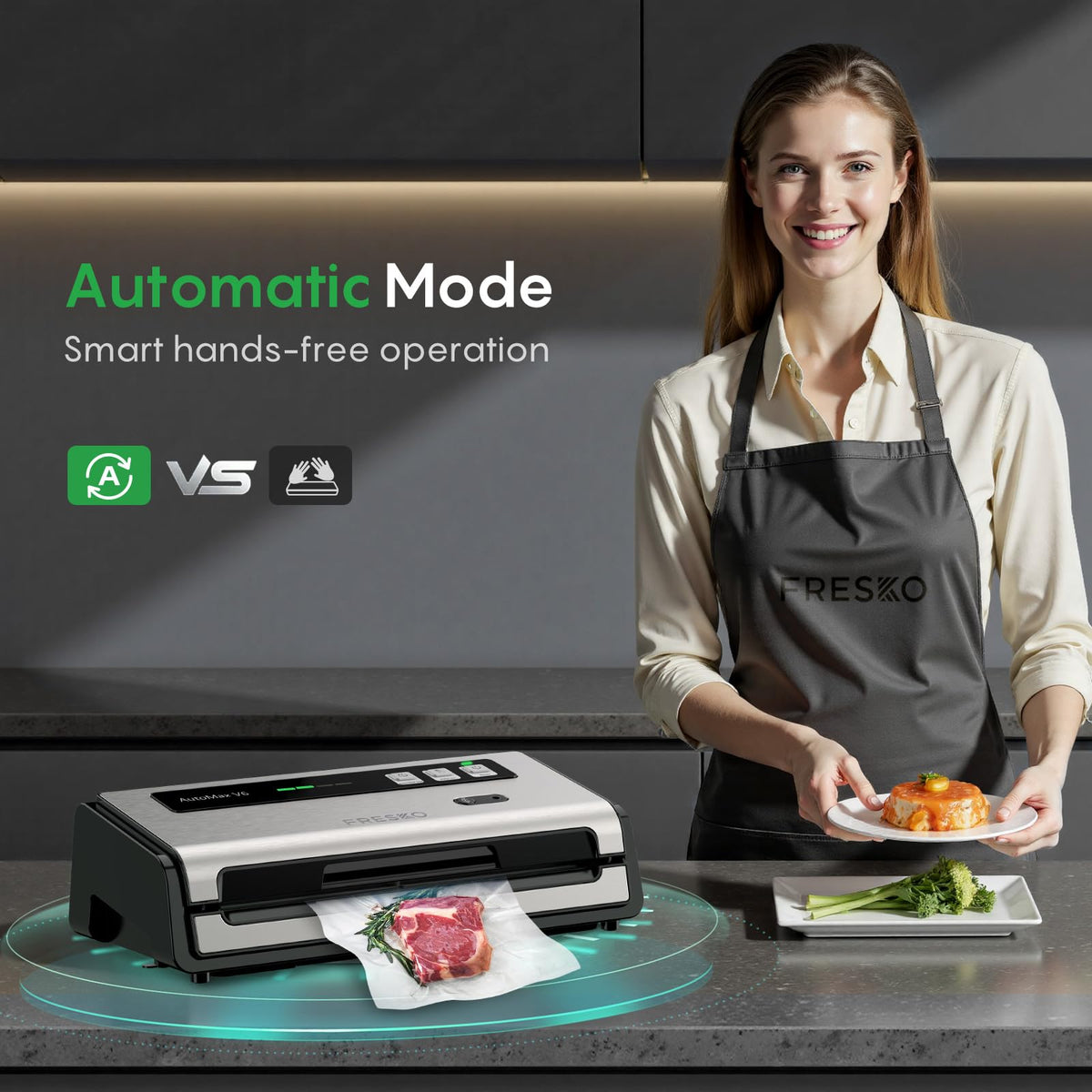 FRESKO vacuum sealer demonstrating Pulse-Vac manual control for delicate foods.
