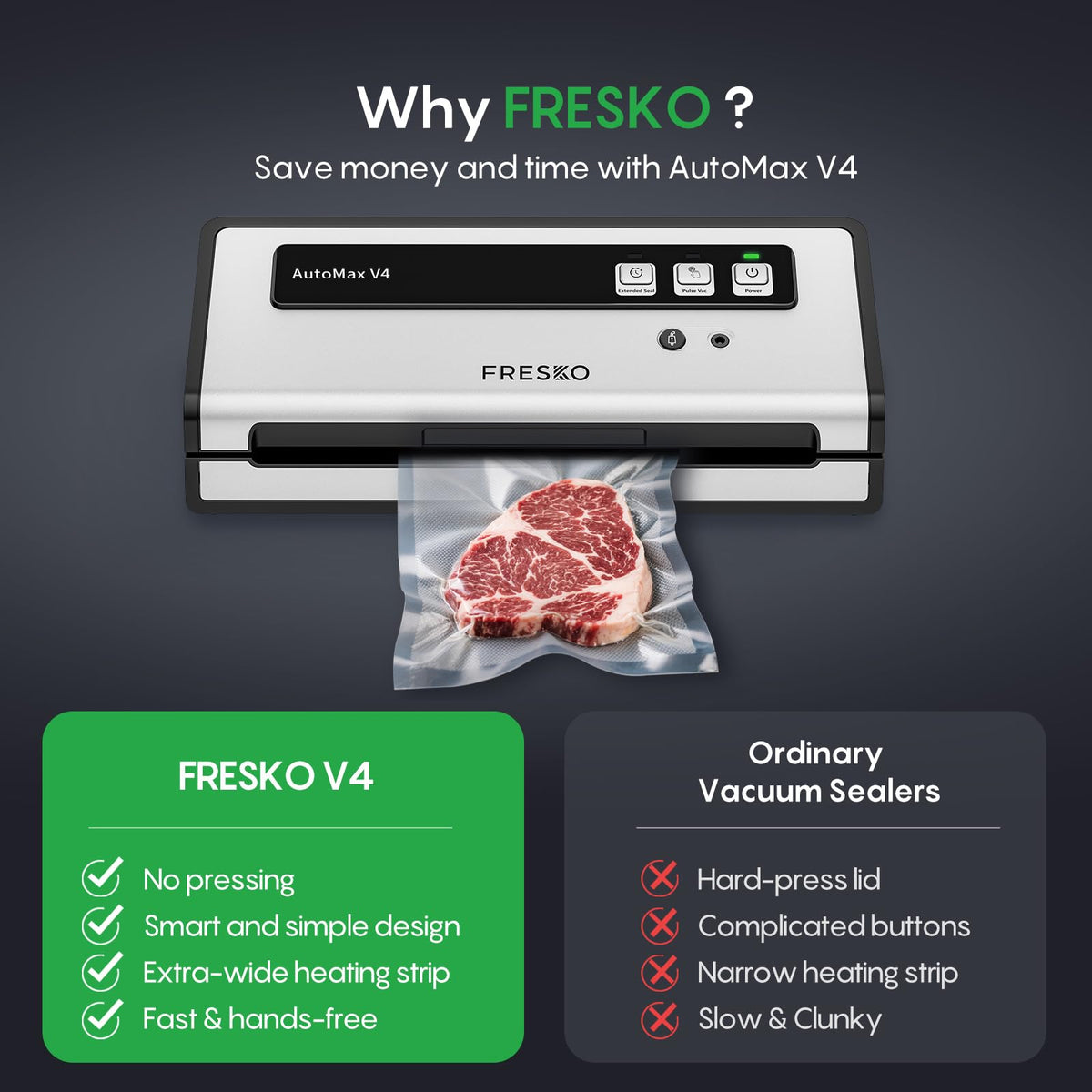 FRESKO pulse vac with extended seal protects delicate foods during sealing.