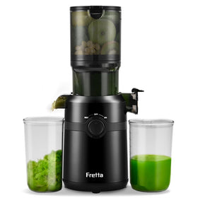 Fretta compact cold press juicer front view for convenient daily juicing on the kitchen counter.