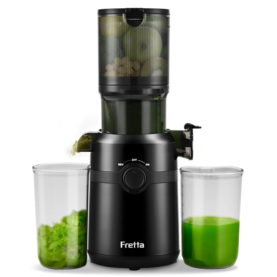 Fretta compact cold press juicer front view for convenient daily juicing on the kitchen counter.