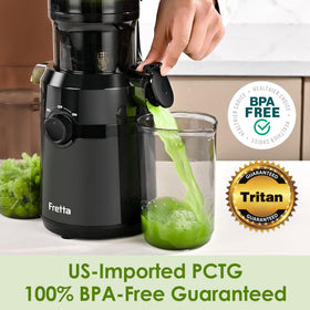Fretta compact cold press juicer side view highlighting compact footprint and space-saving design.